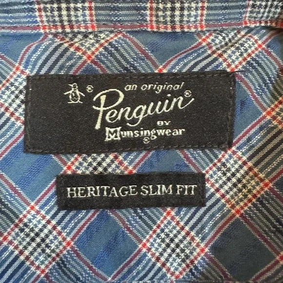 Penguin Munsingwear Shirt Mens 16 34/35 Large Blue Red Plaid Heritage Slim Fit - Picture 4 of 10